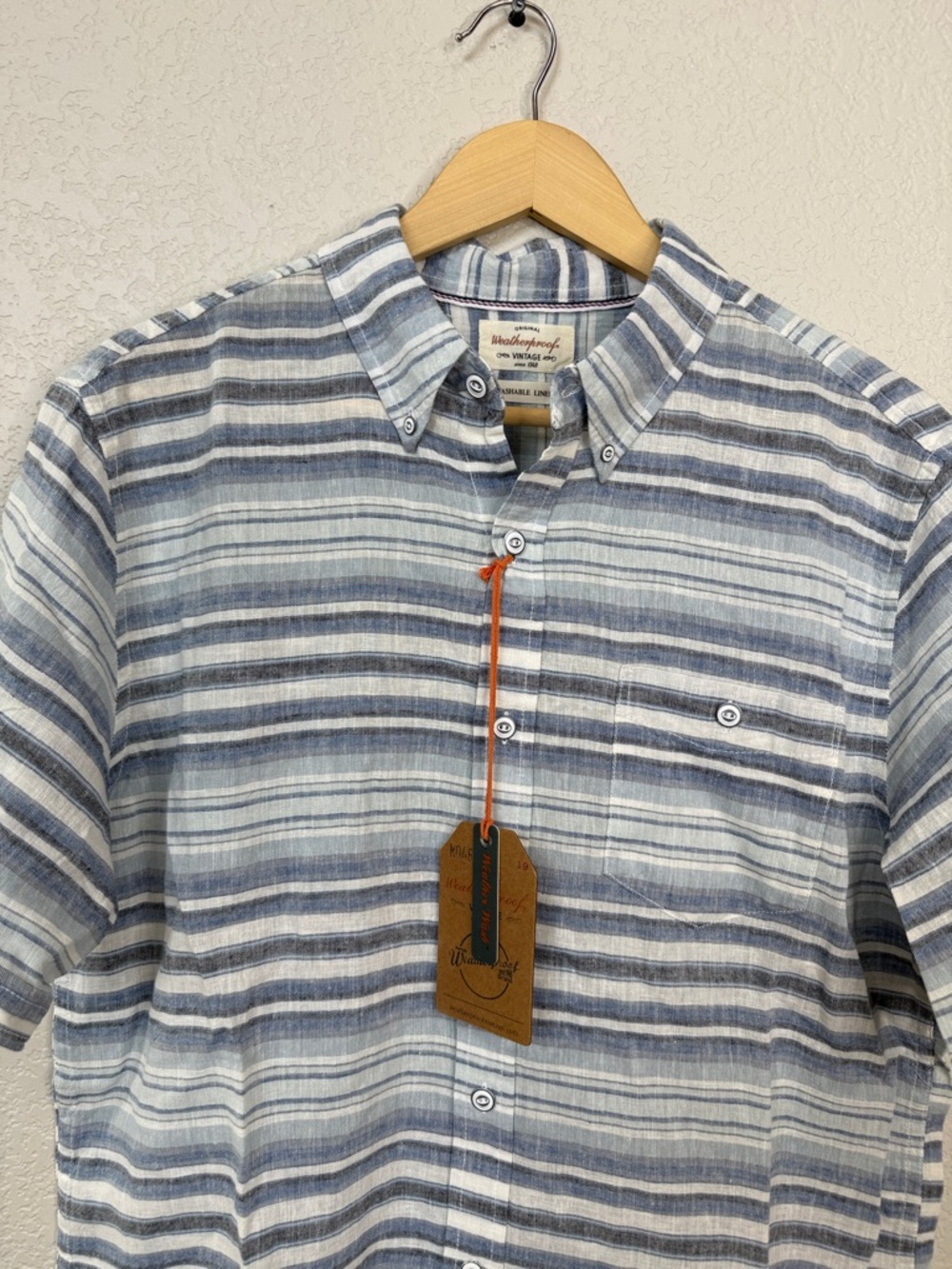 Weatherproof Casual Button Down Shirt Linen Cotton Striped Blue Mens Medium NWT - Picture 2 of 10